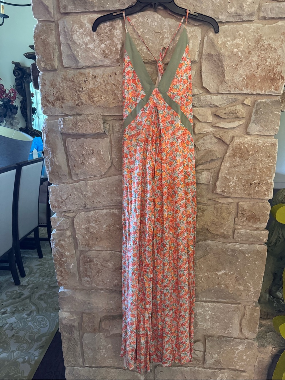 Floral Spaghetti-Strap Maxi Dress in Coral and Olive